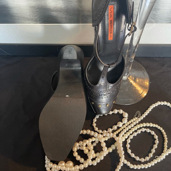 NEW VIA SPIGA VFrap BLK Leather Bambi Block Heels - Picture 12 of 14